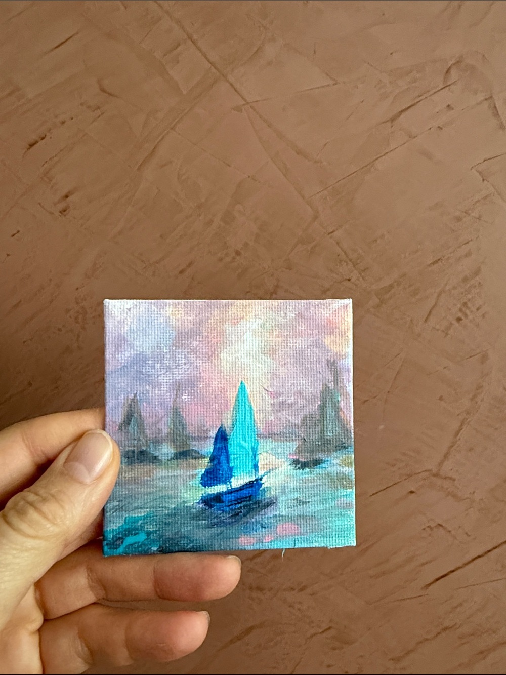Miniature Seascape Canvas Art in Teal and Blue, fridge magnet 3”x 3”